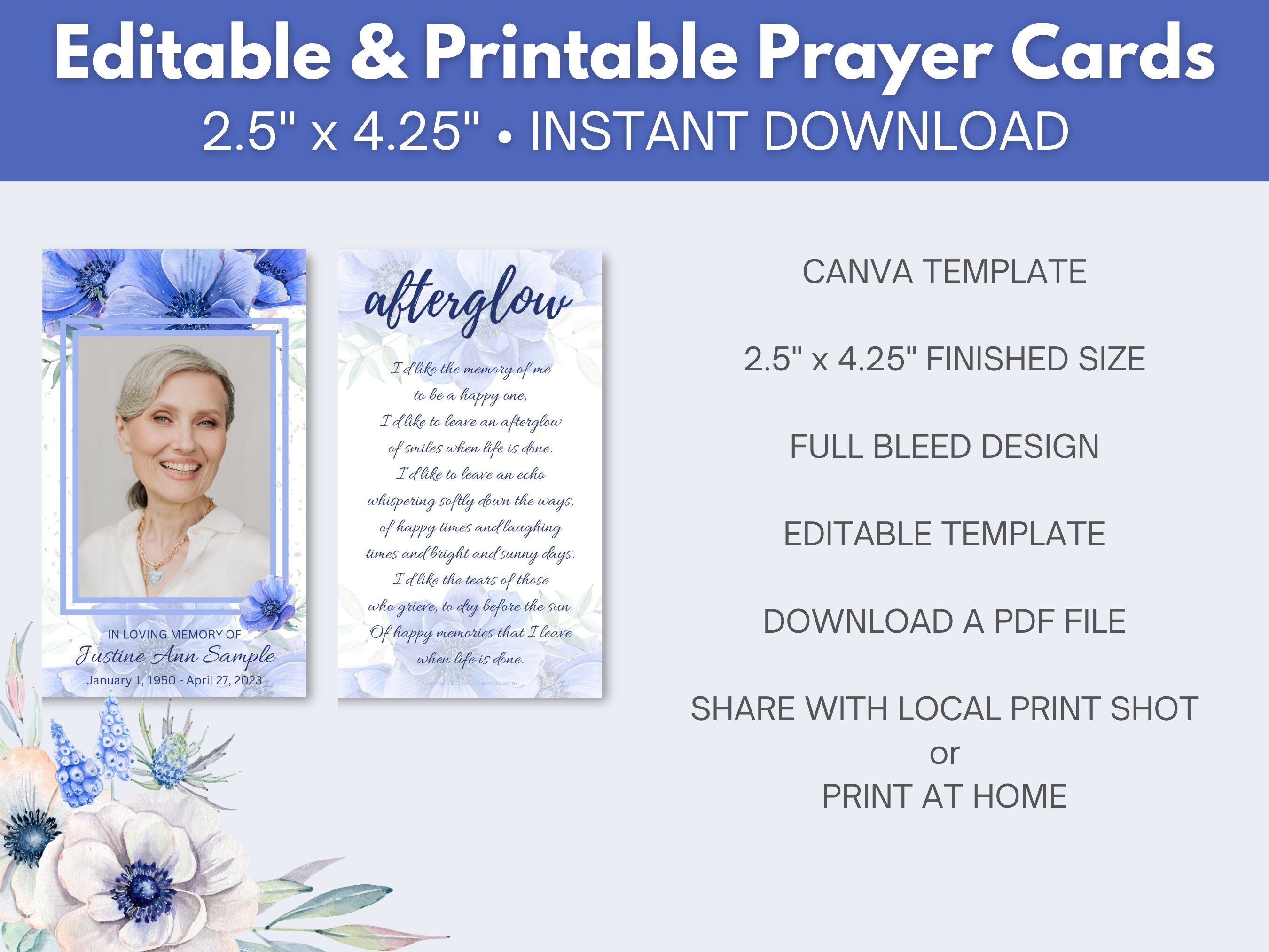 Blue Floral Funeral Prayer Card Template Memorial Keepsake digital 