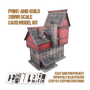 Puede incluir: Un kit de modelo de casa medieval para imprimir y construir a escala 28 mm. El modelo presenta un exterior de piedra gris con detalles de madera roja y un techo de inclinación pronunciada. El kit incluye instrucciones paso a paso completamente ilustradas.