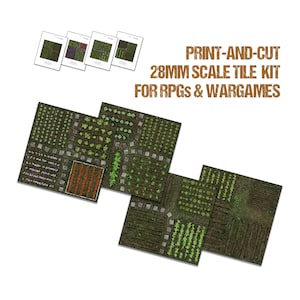 May include: Printable 28mm scale garden tile set for role-playing games and wargames. The set includes four sheets of tiles with different garden designs, including rows of vegetables, flowers, and paths.