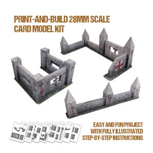 May include: A print-and-build card model kit of a ruined stone castle wall in 28mm scale. The kit includes instructions and multiple sheets of paper with the castle wall design to be cut out and assembled.