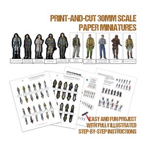 May include: Print-and-cut 30mm scale paper miniatures featuring various professions, including Explorer, Science Officer, and Marine. The image includes printed sheets with step-by-step instructions for an easy and fun project.