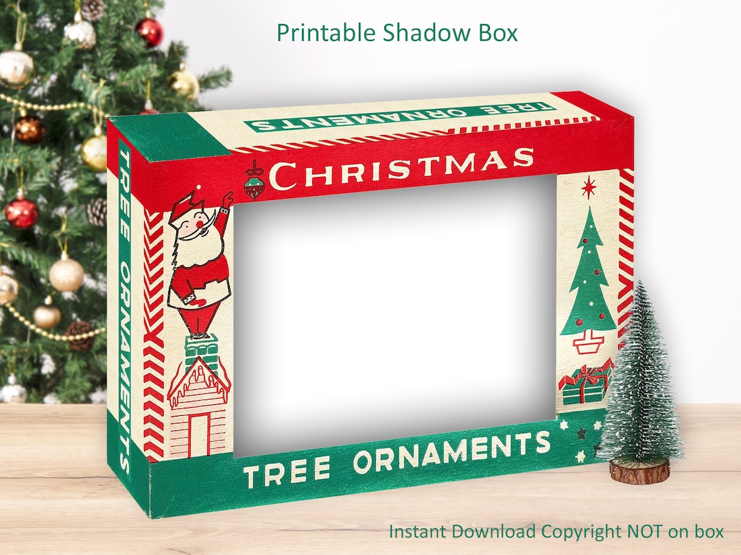 Vintage Christmas Ornament Box Printable 5x7 Shadow Box Crafts, Retro Christmas Shiny Brite ...