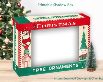 Vintage Christmas Ornament Box printable 5x7 shadow box crafts, retro Christmas  shiny brite instant download