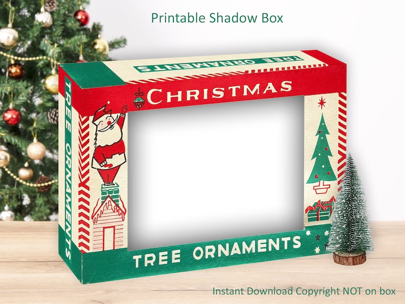 Vintage Christmas Ornament Box Printable 5x7 Shadow Box Crafts, Retro