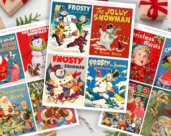 Pode incluir: Uma colagem de capas de livros infantis vintage com ilustrações de Frosty, o boneco de neve, Papai Noel e canções de Natal. As capas são de várias cores, incluindo vermelho, azul, verde e branco.