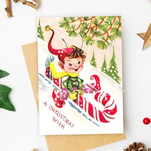Vintage Weihnachtskarte zum Downloaden und ausdrucken 5 x 7 Zoll Weihnachtsmann Baum Kinder Bambi Hirsch Reindeer Engel Digital Collage druckbare JPG Format