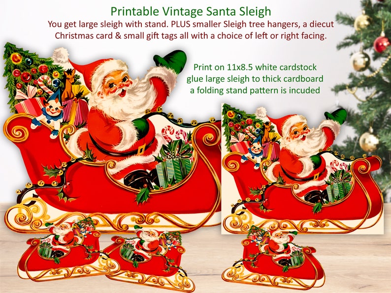 Vintage Santa Sleigh Printable Bundle. Large Sleigh With Stand, Diecut Xmas Card, Tree Hangers ...