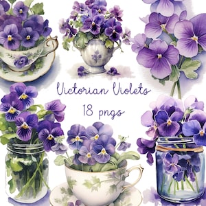 Viole dell'acquerello (2) 18 PNG trasparenti, Download digitale, stampabile, Creazione di cartoline, Supporti misti, viole del pensiero, clip art, Arte della parete, fiori,viola del pensiero