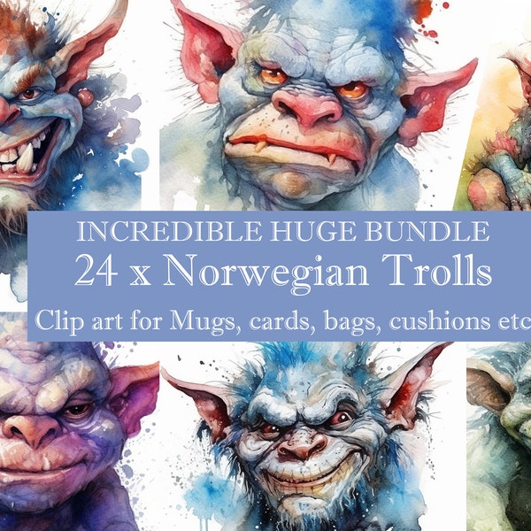 Norwegian TROLL heads 24 clipart  images, Digital Download, printable, Card Making, Mixed Media, Digital Paper clip art, Wall art, witch,