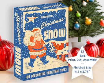 May include: A vintage-style box of fireproof Christmas snow for decorating Christmas trees. The box features a red and white illustration of Santa Claus with a bag of snow. The box is blue with white snowflakes and the text "Fireproof Christmas Snow" in red and white letters. The box is 4.5 inches by 3.75 inches.