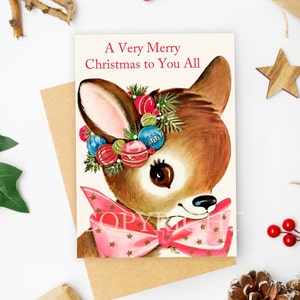 Vintage Weihnachtskarte zum Downloaden und ausdrucken 5 x 7 Zoll Weihnachtsmann Baum Kinder Bambi Hirsch Reindeer Engel Digital Collage druckbare JPG Format