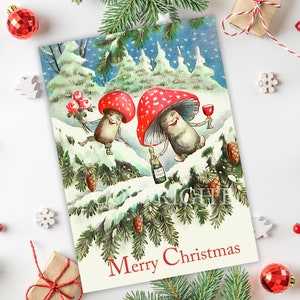 Vintage Weihnachtskarte zum Herunterladen & Drucken 15 x 7 Zoll Weihnachtsmann Fliegenpilz Bambi Hirsch Rentier Pilz Engel Digital druckbare JPG-Format