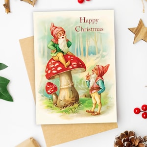 Vintage Weihnachtskarte zum Herunterladen & Drucken 15 x 7 Zoll Weihnachtsmann Fliegenpilz Bambi Hirsch Rentier Pilz Engel Digital druckbare JPG-Format