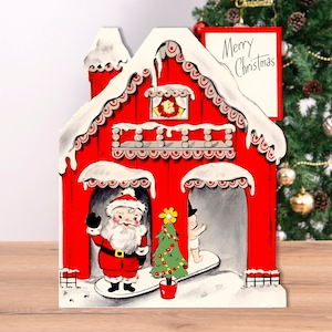 Vintage Diecut Christmas Card to download print & cutout 5 x 7 inches Santa House Children's Cards Cute Sweet Digital Printable JPG Format