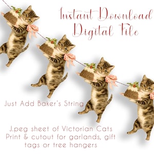 Guirlande de chats de Noël vintage, téléchargement immédiat, décorations de suspension pour arbre, étiquettes pour cadeaux, feuille de collage numérique, Format JPG, chatons victoriens