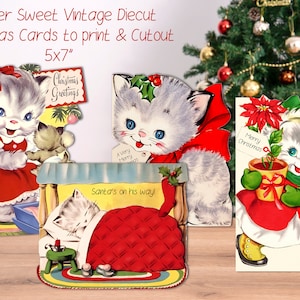 4 cartões de Natal vintage recortados para download, impressão e recorte de 5 x 7 polegadas Kitty Cat Cartões infantis fofos e doces formato JPG para impressão digital
