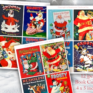 12 Vintage Weihnachten Buch Cover Bilder 4x5 Zoll Download Nikolaus Baum Kinder Bambi Hirsch Rentier Engel Digital Collage Sheet JPG Format