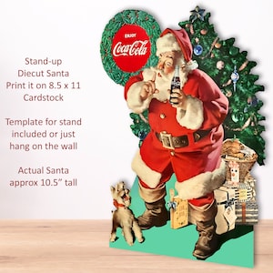 Wydrukowana, zabytkowa wykrojona figurka Świętego Mikołaja Coca-Coli (ze stojakiem) w stylu retro, świąteczna figurka Świętego Mikołaja