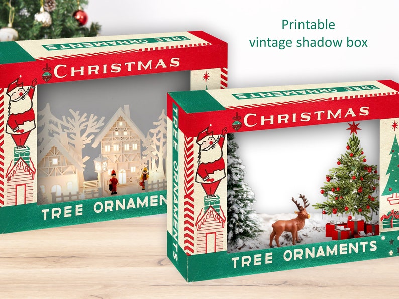 Vintage Christmas Ornament Box Printable 5x7 Shadow Box Crafts, Retro