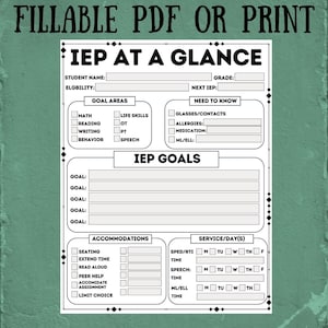 6 Fillable PDF IEP data at a Glance, printable, edit, Teacher Materials, SPED, snapshot, print, write, form, fillable planner, Digital