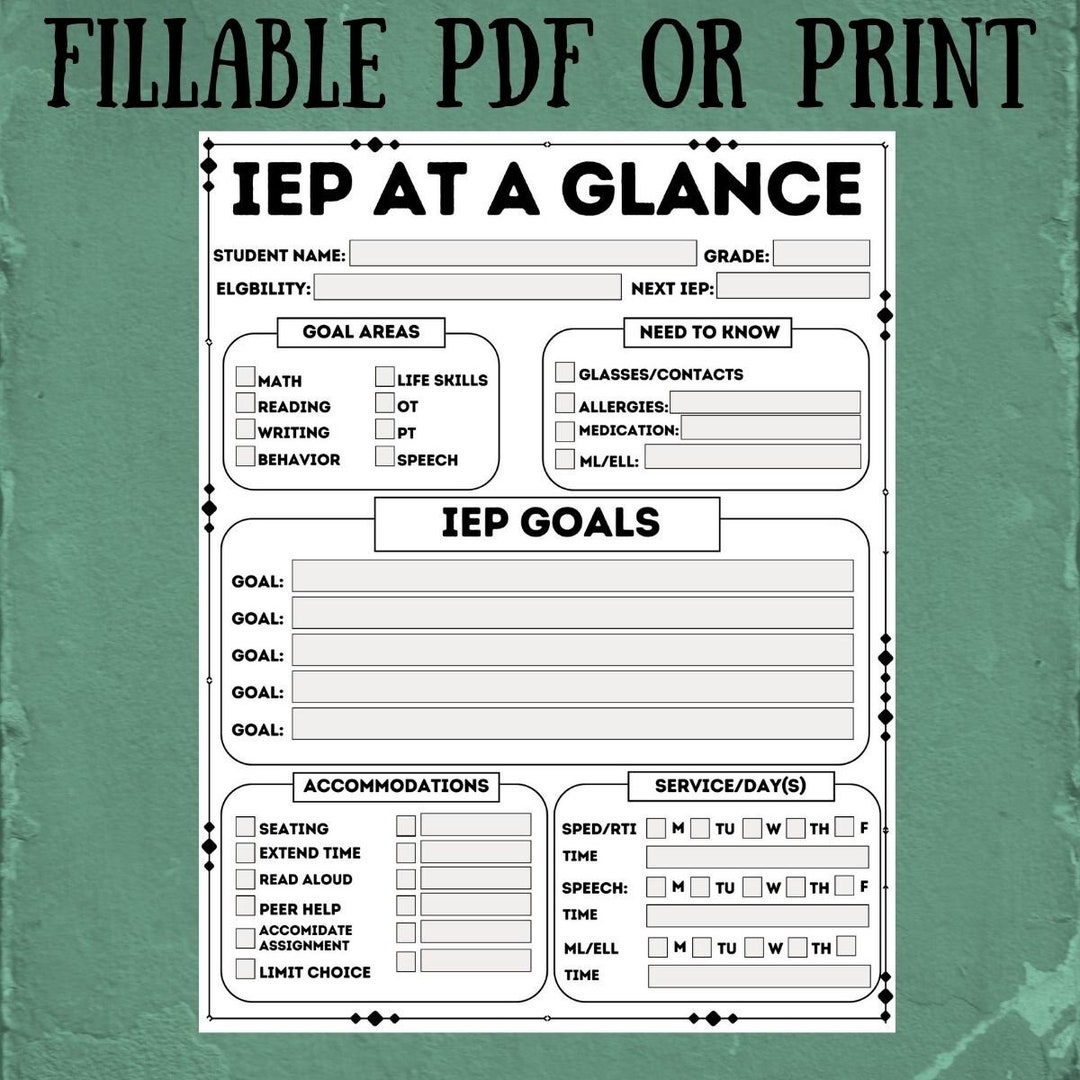 Fillable PDF IEP Data at a Glance, Printable, Edit, Teacher Materials, SPED, Binder, Snapshot, Print, Write, Form, Fillable Planner, Digital - Etsy