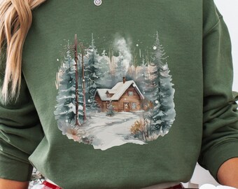 Gezellige hutsweater Winterhut-sweater Snowy Day Ronde hals Retro kerst Winters tafereel Vintage kersttrui