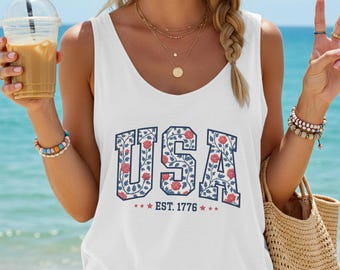 Patriotyczny damski bezrękawnik typu racerback, koszulka z USA z okazji Dnia Niepodległości, letnia koszulka treningowa z okazji 4 lipca