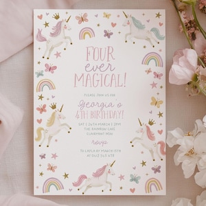 Unicorn 4th Birthday Invite, Girls Birthday Invitation Printable, Pastel Rainbow Unicorn