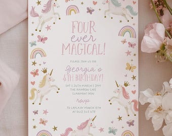 Unicorn 4th Birthday Invite, Girls Birthday Invitation Printable, Pastel Rainbow Unicorn