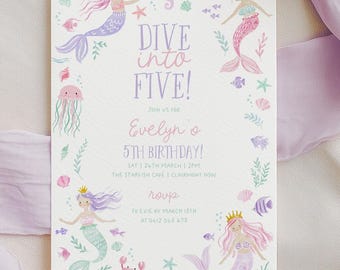 Mermaid 5th Birthday Invite, Girls Birthday Invitation Printable, Dive into Five