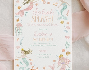 May include: A mermaid-themed birthday party invitation. The invitation features illustrations of mermaids, sea creatures, and the text "Splish Splash! It's a mermaid bash!" in pink and green. The invitation is on a white background.