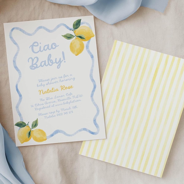 Ciao Baby Lemons Invite, Italian Baby Shower Invitation Printable, Blue and Yellow