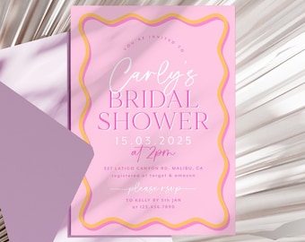 Pink Modern Bridal Shower Invitation Wavy Invite Pink Wriggly Border Bridal Shower Invite Pink and Orange Wave Border Invitation Template