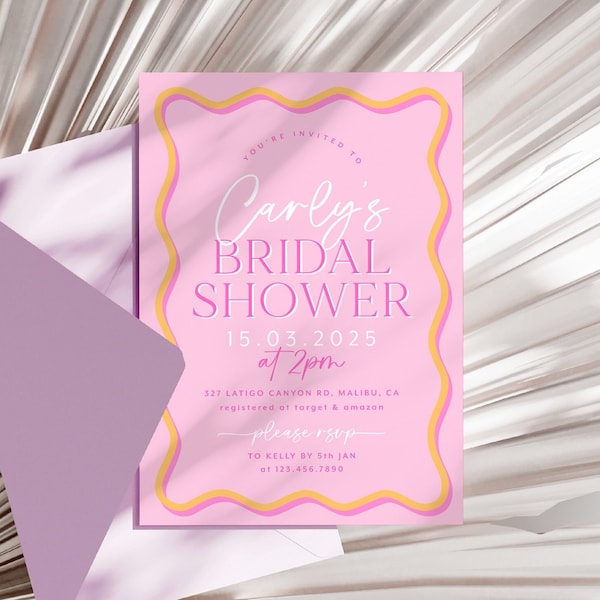 Invitation de douche nuptiale moderne rose Invitation ondulée Rose Wriggly Border Bridal Shower Invite Modèle d'invitation de bordure de vague rose et orange