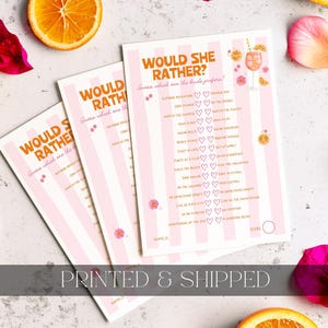 Printed Hens Party Games, Would She Rather Game, Last Spritz as a Miss Aperol Pink Orange