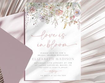 Love in Bloom Bridal Shower Invitation, Wildflower Bridal Shower Invite, Floral Bridal Shower Editable Template Dusty Pink Floral Invitation