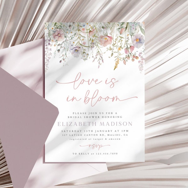 Amour en fleurs Invitation de douche nuptiale, invitation de douche nuptiale de fleurs sauvages, modèle modifiable de douche nuptiale florale Invitation florale rose poussiéreux