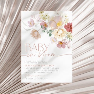 Baby in Bloom Baby Shower Invitation, Spring Baby Shower Invite, Floral Baby Shower Editable Template Floral Invitation Template Bloom Pink