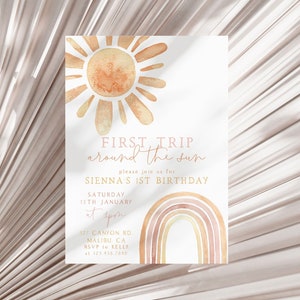 Editable First Trip Around The Sun Birthday Invitation, 1st Birthday Girl Sunshine Boho Invitation Pink, Boho Sun Birthday Editable Template