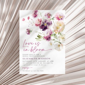 Liefde in bloei bruids douche uitnodiging, Wildflower bruids douche uitnodigen, heldere bloemen bruids douche bewerkbare sjabloon roze paarse bloemen