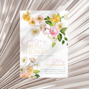 Bright Floral Bridal Shower Invitation, Spring Bridal Shower Editable Template Floral Invitation Template, Pink and Yellow Flower Invites