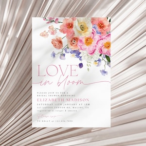 Love in Bloom vrijgezellenfeestuitnodiging, heldere bloemen vrijgezellenfeestuitnodiging bewerkbare sjabloon lente vrijgezellenfeest Sjabloon bloemenuitnodiging