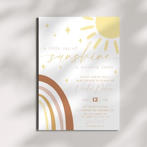 Sunshine Baby Shower Invitation Editable Little Ray of Sunshine Is On The Way Shower Invite Boho Sun Rainbow Pink Boho Invitation