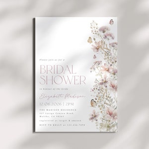 Wildflower Bridal Shower Invitation, Floral Bridal Shower Editable Template, Dusty Pink Wildflower Invite Bridal Shower Template Butterflies