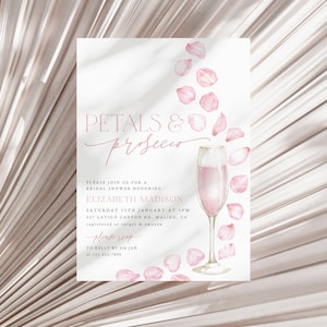 Petals and Prosecco Bridal Shower Invitation, Pink Pastel Petals and Prosecco Bridal Shower Invite, Editable Bridal Shower Invite Template