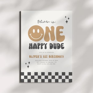 One Happy Dude Invitation Template, Printable 1st Birthday Invitation, Editable 1st Birthday Boy Invite, One Cool Dude Smiley Face Neutral