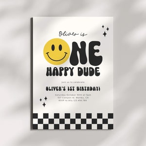 One Happy Dude Invitation Template, Printable 1st Birthday Invitation, Editable 1st Birthday Boy Invite, One Cool Dude Smiley Face