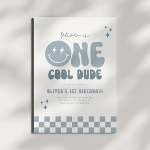One Cool Dude Invitation Template, Printable 1st Birthday Invitation, Editable 1st Birthday Boy Invite, One Happy Dude Blue Smiley Face