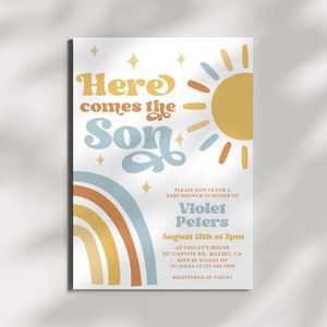 Here Comes the Son Baby Shower Invitation Template Editable, Boy Baby Shower Invite, Sunshine Rainbow Boho, Blue and Mustard Earthy Tones