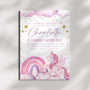 Unicorn Birthday Invitation Template, Unicorns Rainbows Sparkles and Gold Birthday Invitation, Girl Birthday Invitation, Unicorn Magical Day